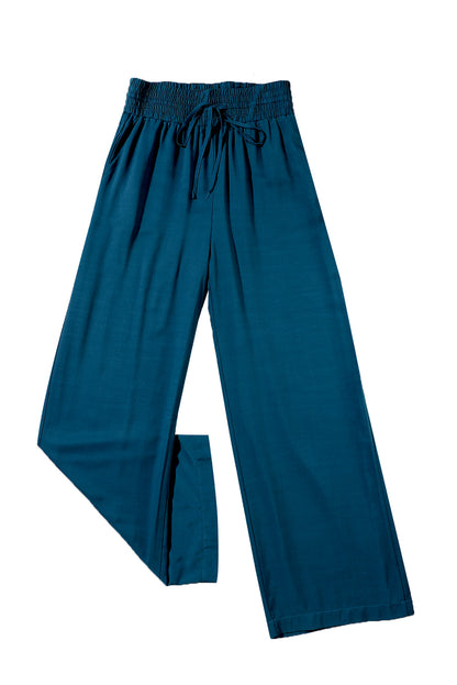 Blaue drawstring elastische taille lässige hose mit weitem bein