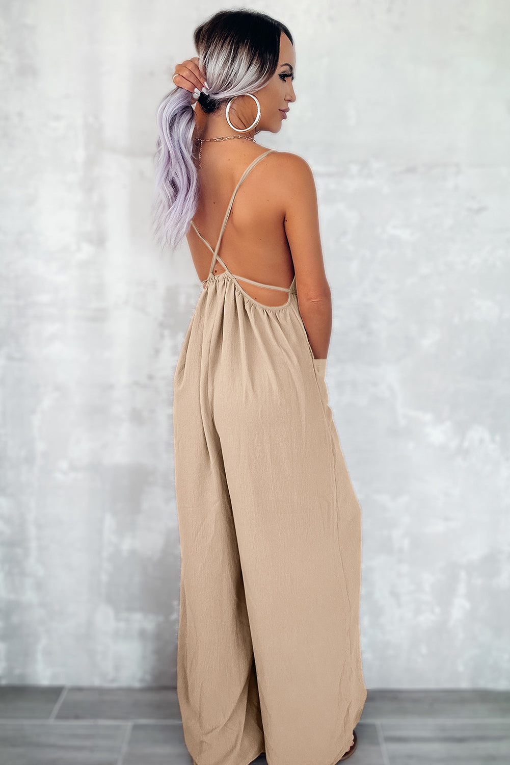 Apricot spaghettiträger taille krawatte weites bein jumpsuit mit taschen