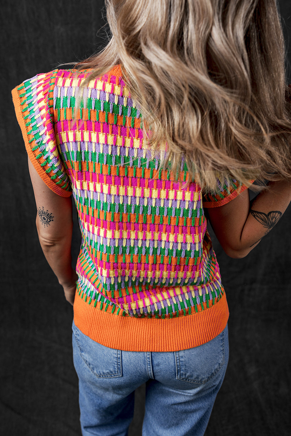 Orange multi flatterärmel strickpullover top