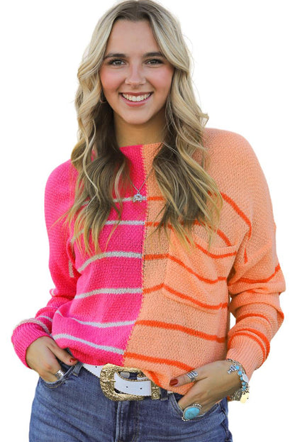 Mehrfarbig gestreifter farbblock strickpullover in lockerer passform