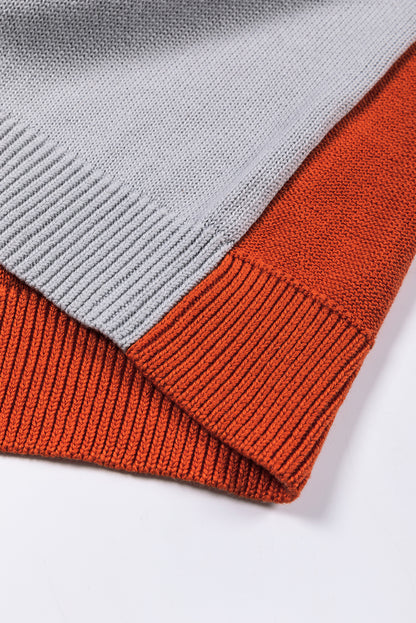 Grauer colorblock-pullover mit gerippten ärmeln und zierleisten
