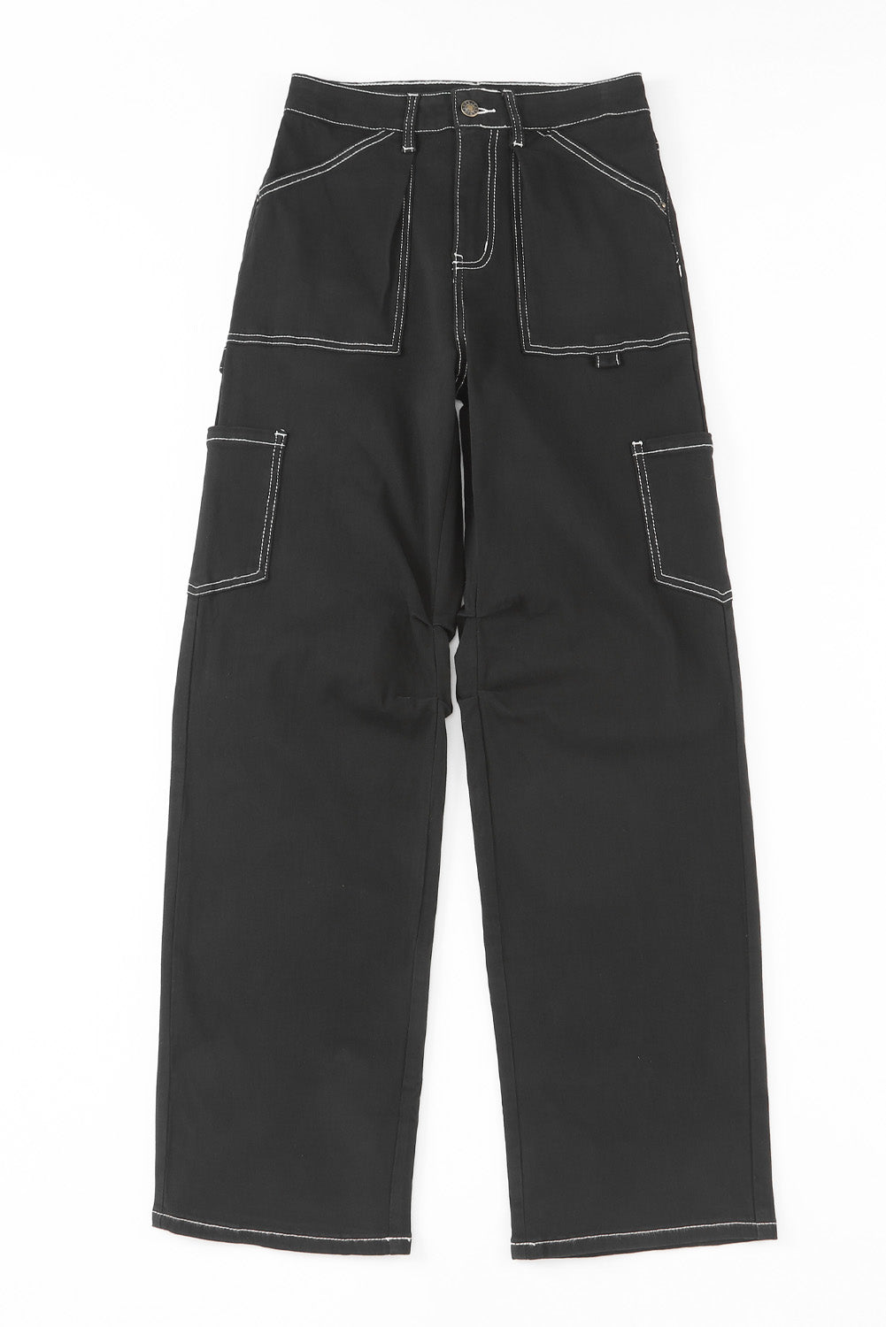 Schwarze cargo-hose mit hoher taille und geradem bein und taschen