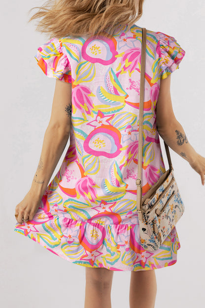 Rosa abstraktes kleid mit rüschenbesatz und geknöpften ärmeln