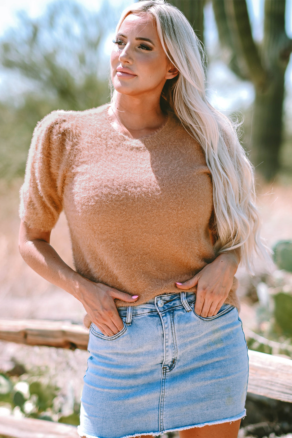 Light french beige fuzzy short sleeve pullover