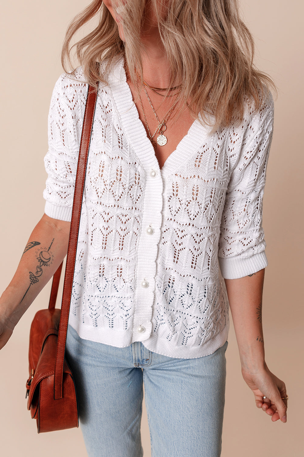 Weißer frenchy hollow out strickcardigan mit v-ausschnitt