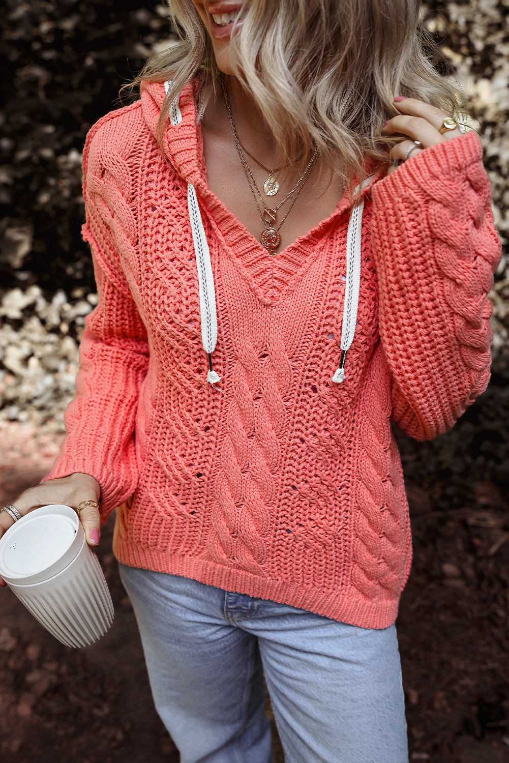 Gold flame cable knit v neck kontrast pullover mit kapuze und kordelzug