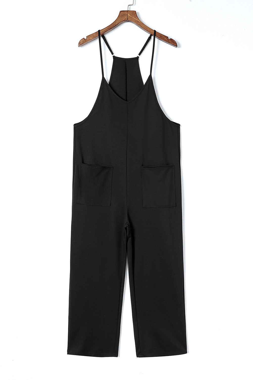 Schwarzer pocketed adjustable spaghetti strap straight leg jumpsuit