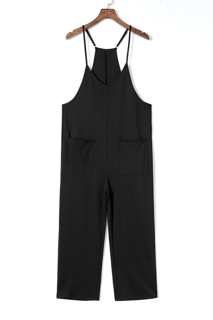 Schwarzer pocketed adjustable spaghetti strap straight leg jumpsuit
