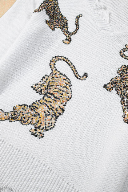 Weißer ausgefranster pailletten-tiger-pullover