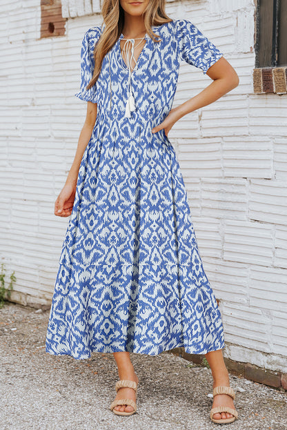 Himmelblau V-Ausschnitt Casual Geometric Print Maxikleid