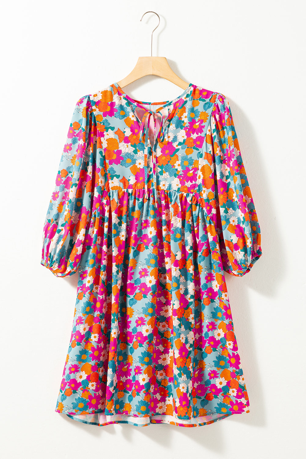 Himmelblau floral print krawatte split neck bubble sleeve babydoll kleid