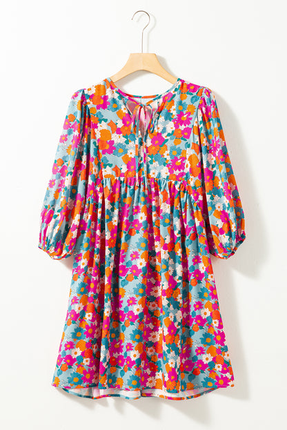 Himmelblau floral print krawatte split neck bubble sleeve babydoll kleid
