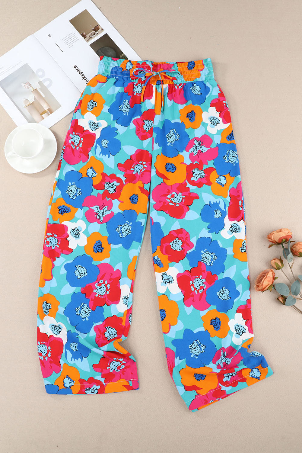 Mehrfarbige abstrakte florale druck kordelzug breite taille hose