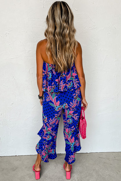 Blue mix tropical print trägerloser geraffter jumpsuit