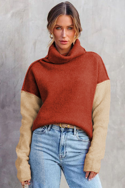 Clay roter farbblock-rollkragenpullover mit tropfenschulter-strickpullover