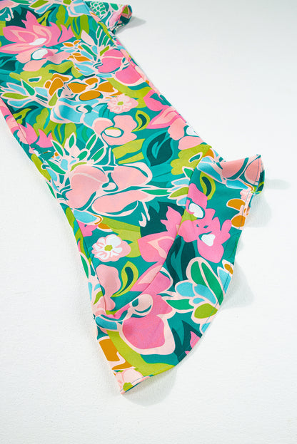 Grüner mix tropical print trägerloser geraffter jumpsuit