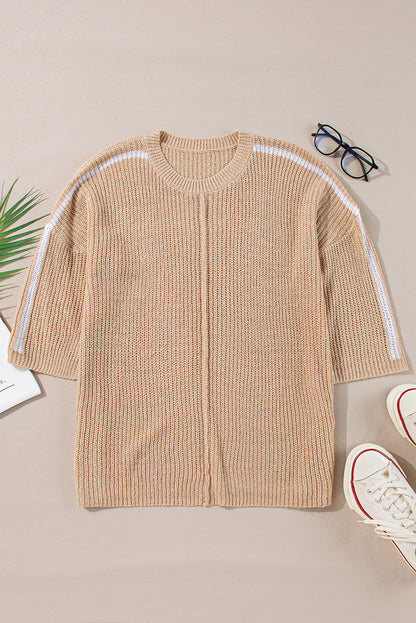 Helles french beige gestreifter pullover mit 3/4 ärmeln und rundhalsausschnitt