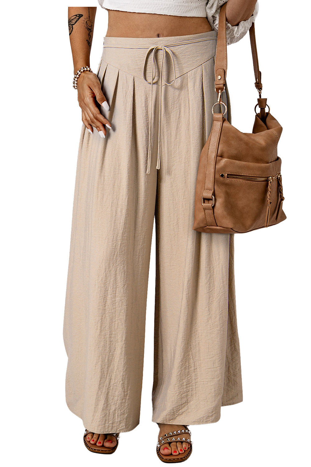 Beige kordelzug taille plissiert weites bein freizeithose