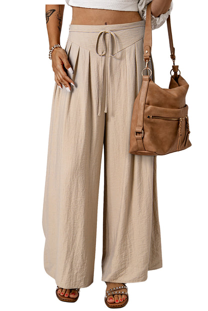 Beige kordelzug taille plissiert weites bein freizeithose