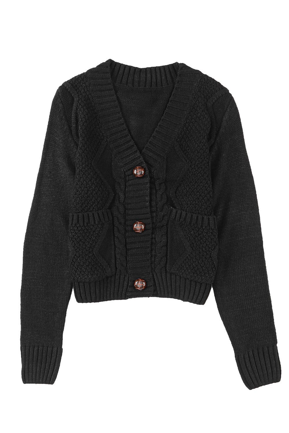 Schwarz fronttaschen knöpfe strukturierte strickjacke