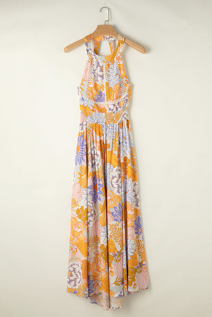 Orange boho floral rückenfreie spitze ärmelloses maxikleid