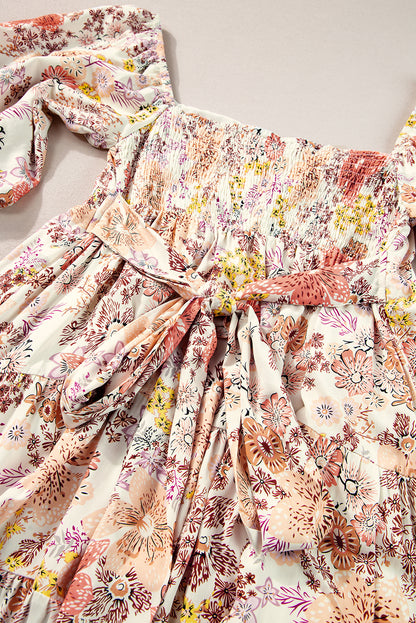 Khaki floral kurzarm minikleid mit quadratischem ausschnitt