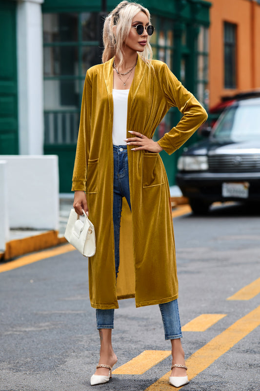 Gelber samt open front pocketed long duster