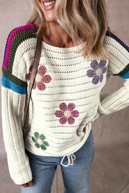 Weißer gänseblümchen-pointelle-strickpullover