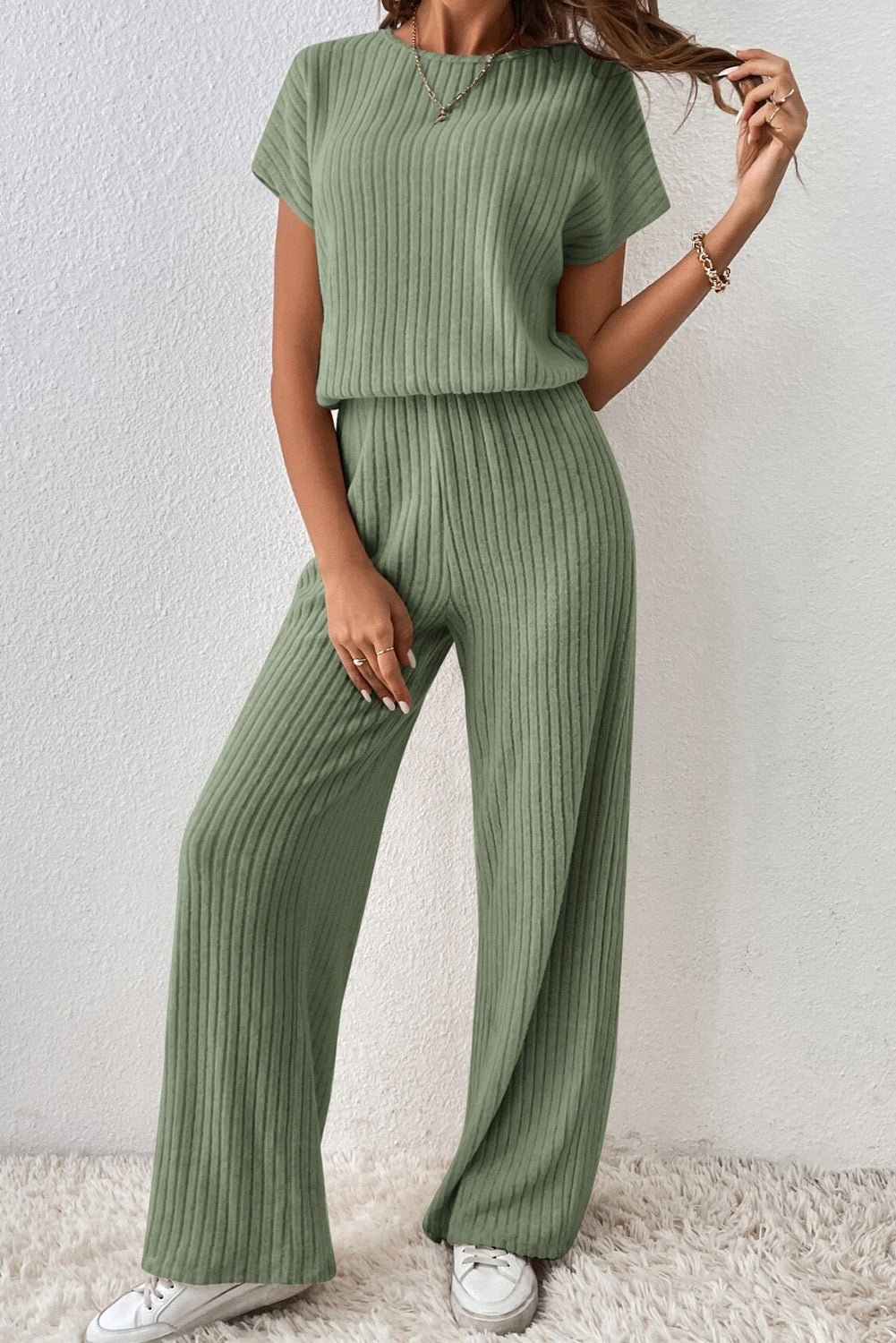 Grasgrün solide farbe gerippt kurzarm weites bein jumpsuit
