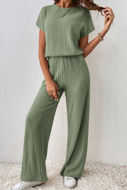Grasgrün solide farbe gerippt kurzarm weites bein jumpsuit