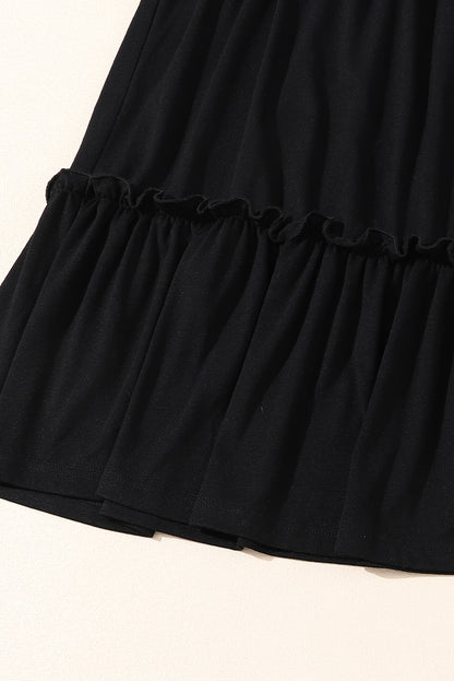 Schwarzes gestreiftes leoparden-patch-ärmel-rüschen-kleid in übergröße