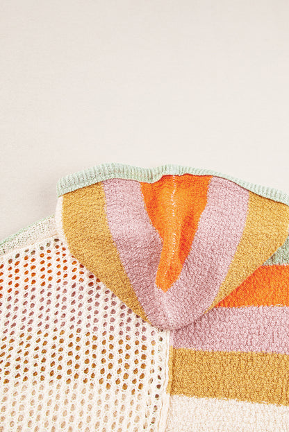 Beige übergroßer colorblock pullover mit kapuze und v-ausschnitt