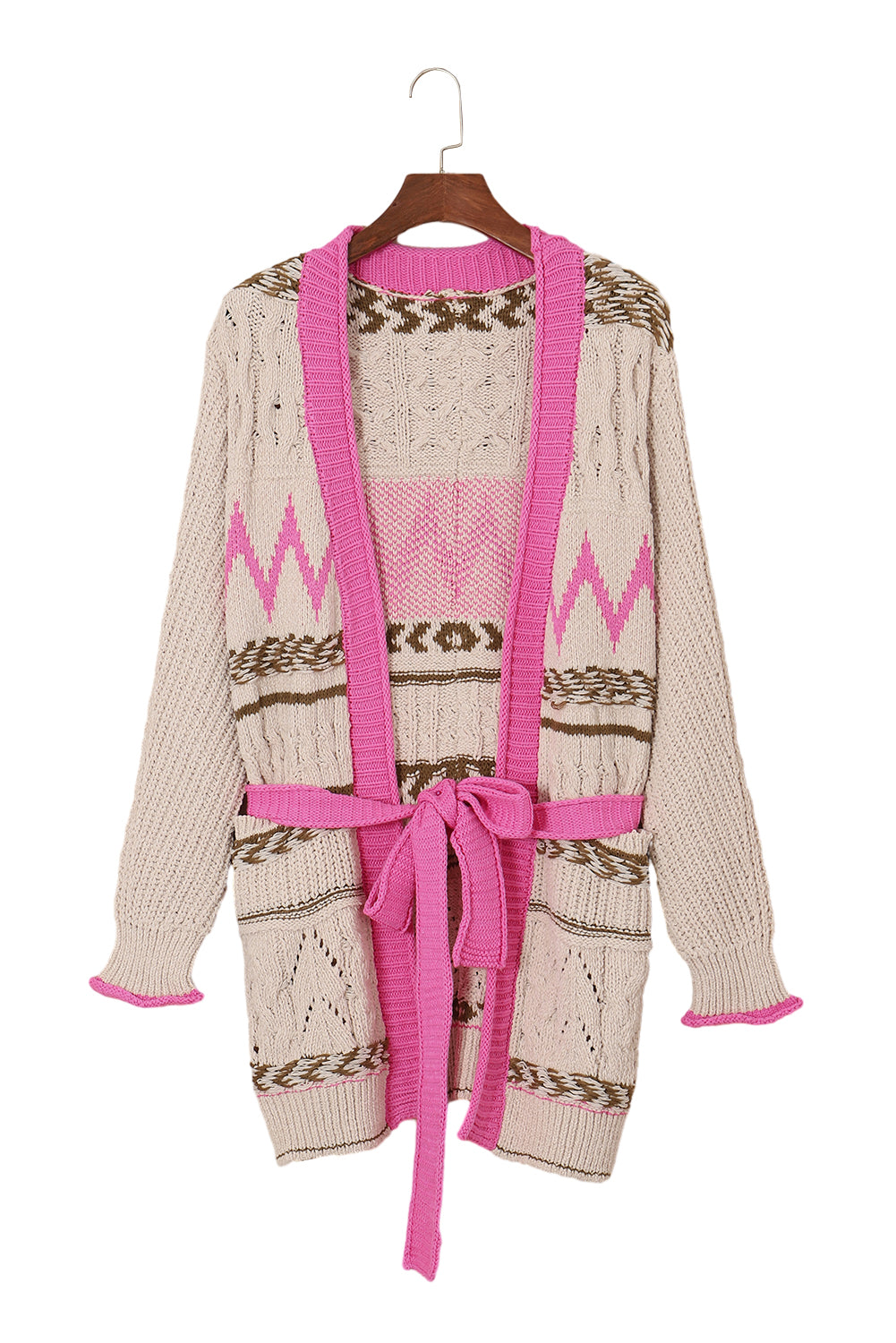 Grauer geometrischer zopfstrick cardigan mit offenen taschen