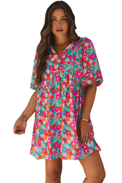 Himmelblau floral print krawatte split neck bubble sleeve babydoll kleid
