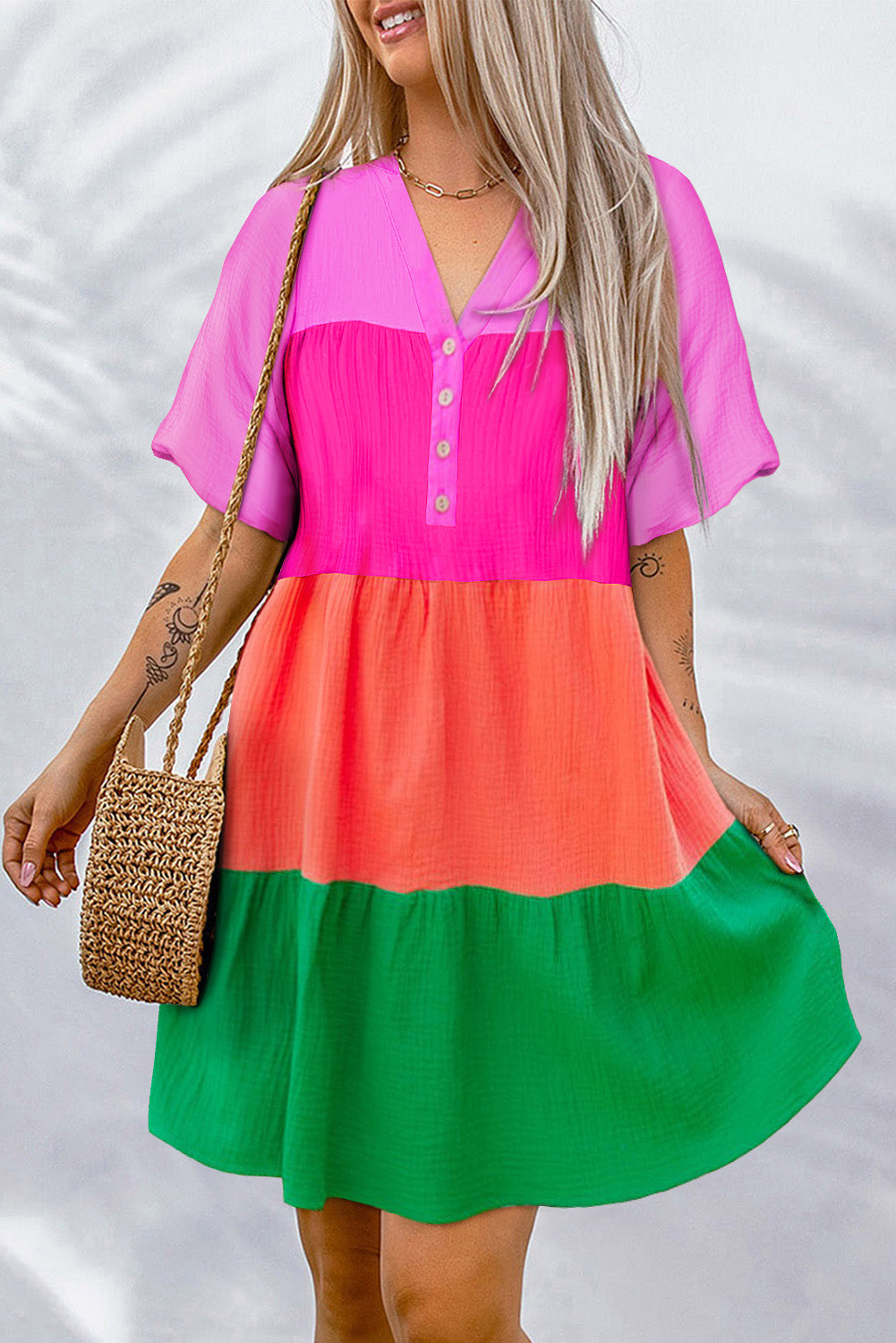 Multicolor color block tiered puff sleeve kleid