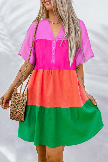 Multicolor color block tiered puff sleeve kleid