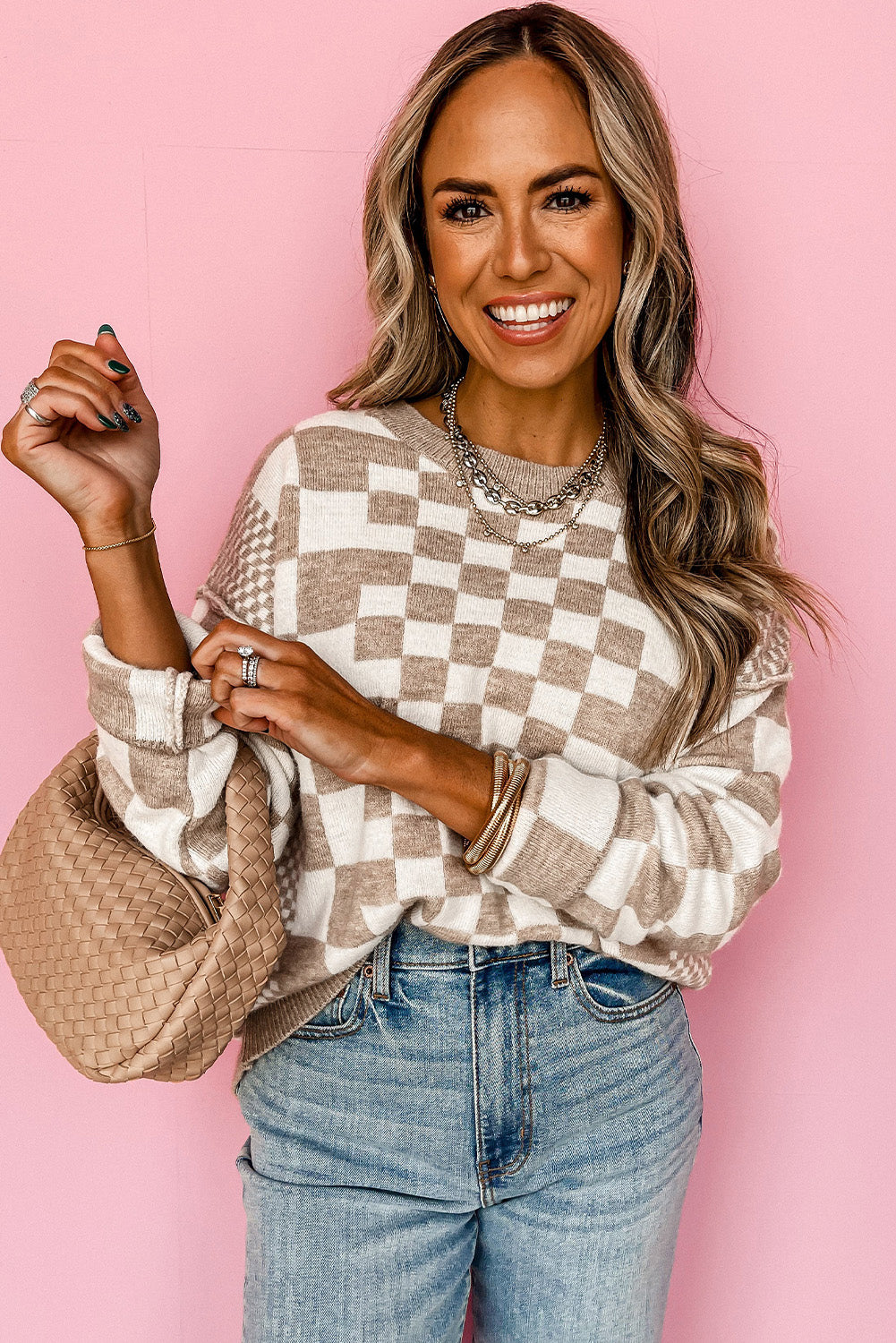 Khaki karo print drop shoulder rundhalsausschnitt pullover