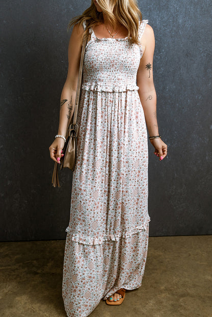 Weißes Maxikleid aus gerüschter Spitze mit gerafften Trägern und Blumenmuster