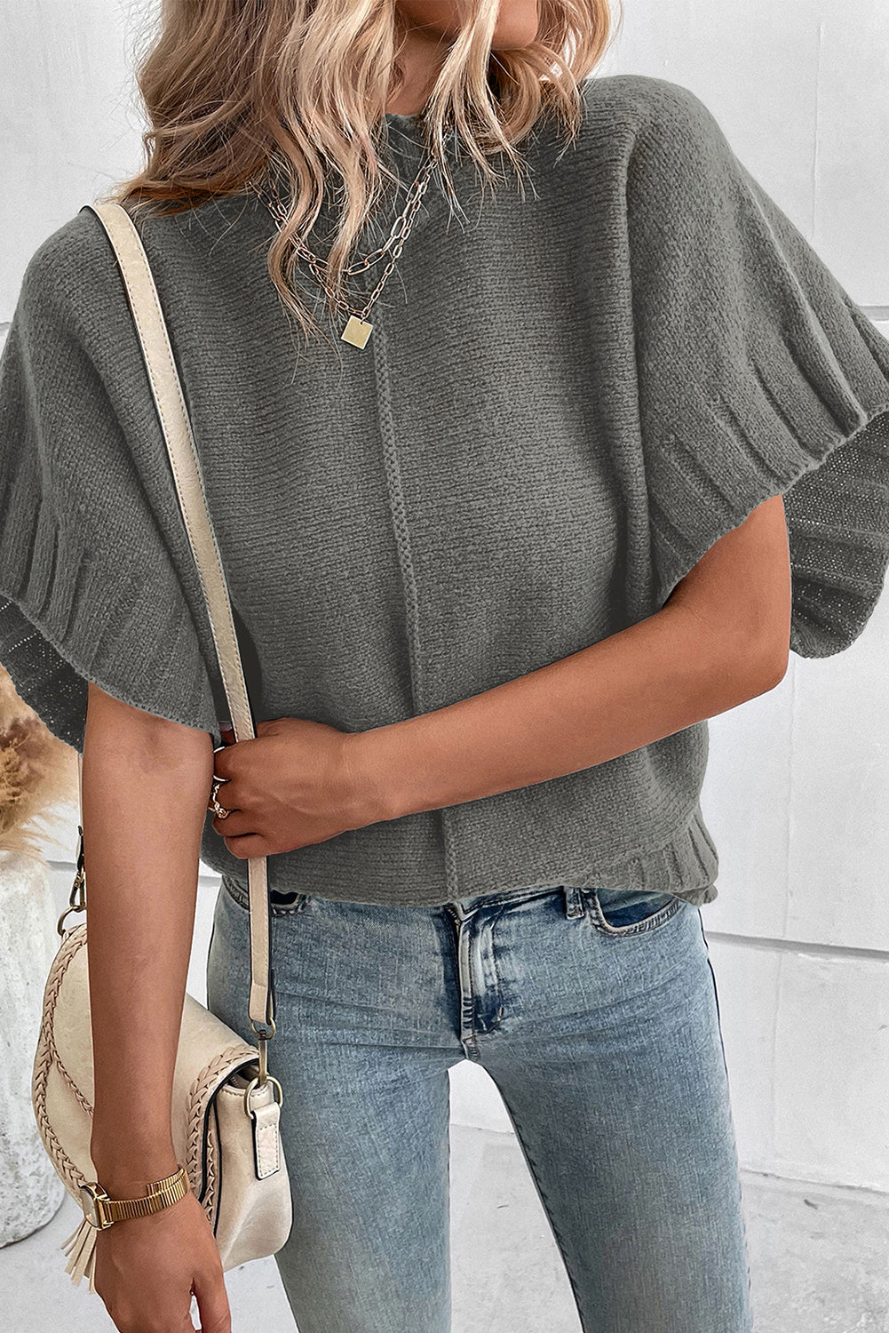 Medium grey mock neck batwing kurzarm-strickpullover