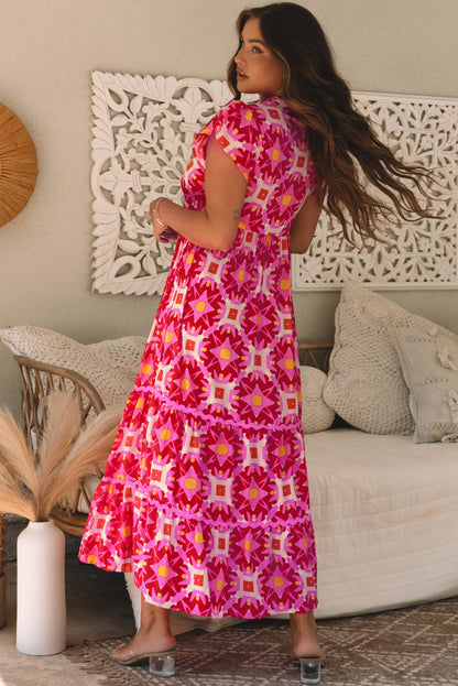 Erdbeerrosa geo-print maxikleid mit v-ausschnitt