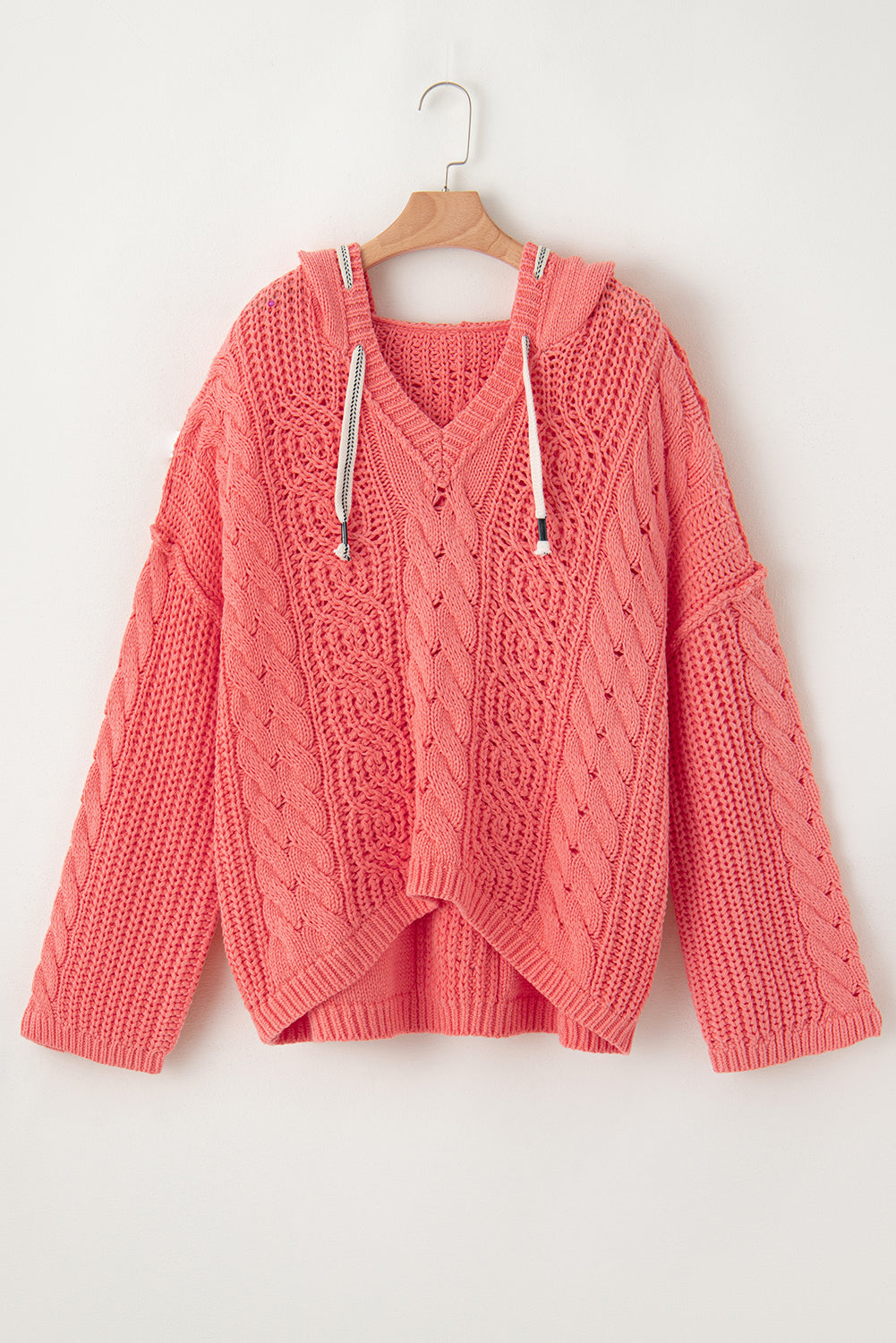Gold flame cable knit v neck kontrast pullover mit kapuze und kordelzug