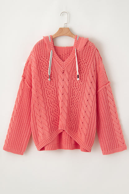 Gold flame cable knit v neck kontrast pullover mit kapuze und kordelzug