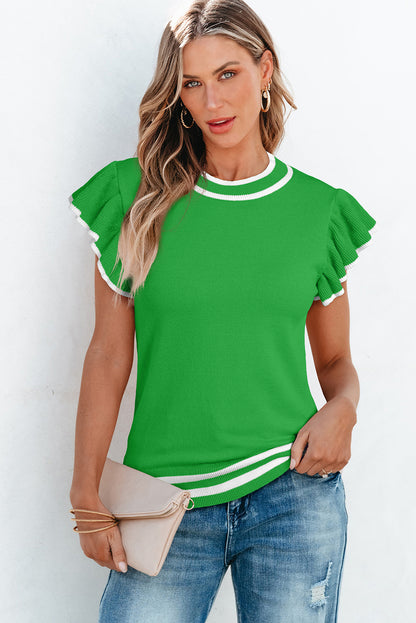 Leuchtend grün rand paspelierung geraffte ärmel rundhalsausschnitt stricken t shirt
