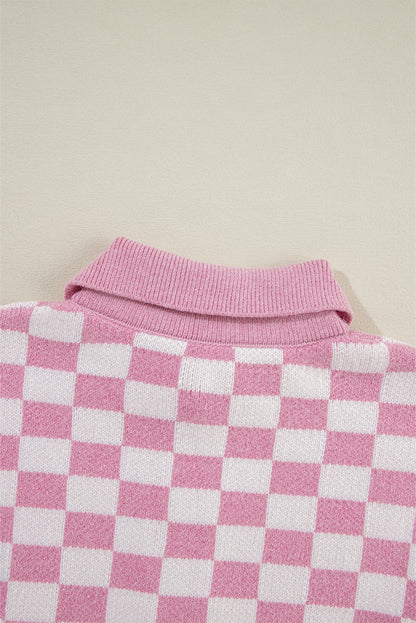 Rosa karierter knöpfe kragen v-ausschnitt drop shoulder pullover