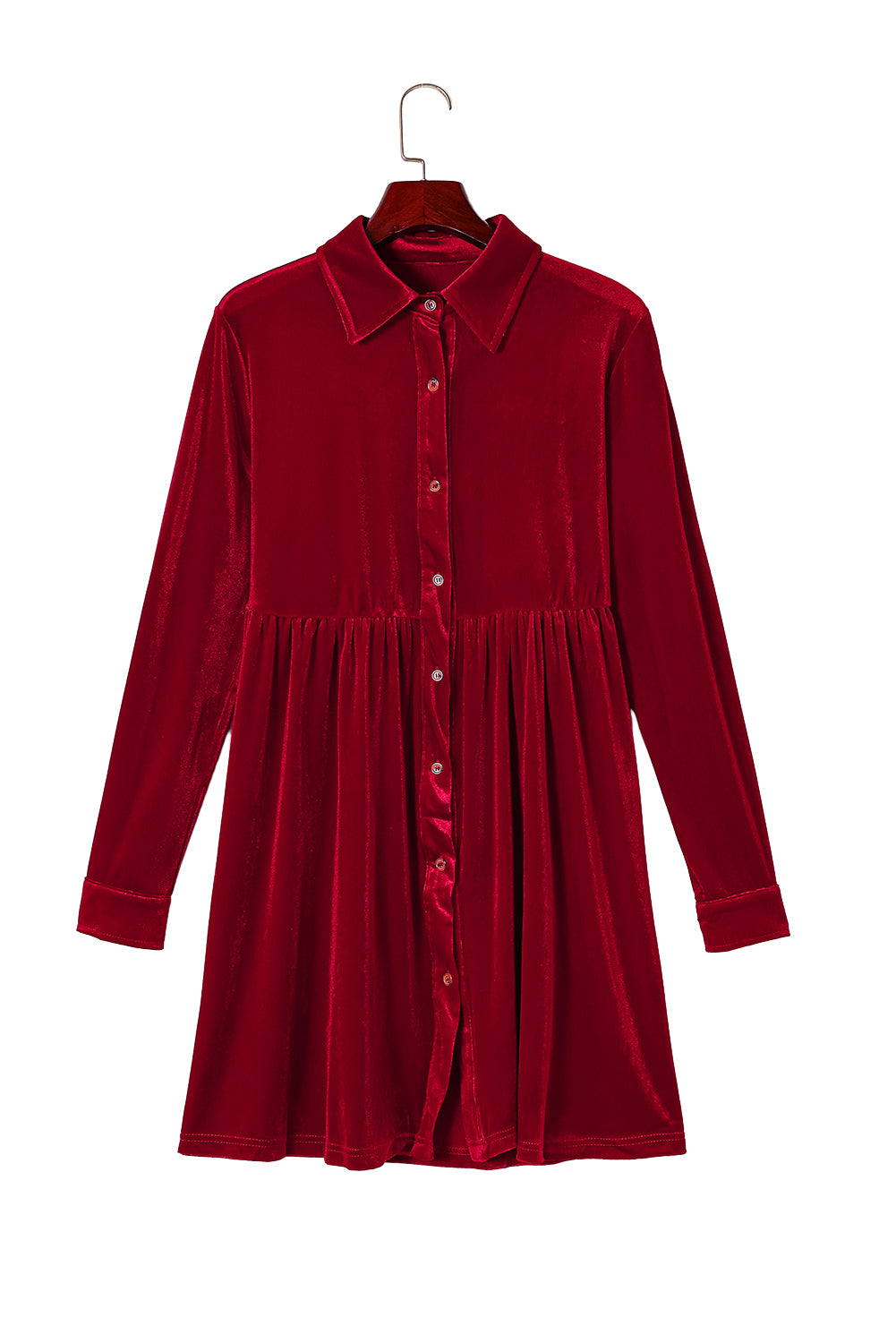 Feurig rotes kleid mit langen ärmeln und rüschen aus samt mit knopfleiste