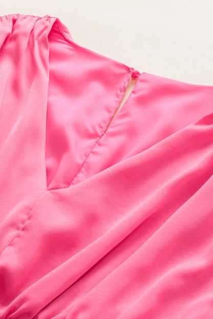 Strawberry pink geraffte ärmel v-ausschnitt smock taille gerafftes kleid