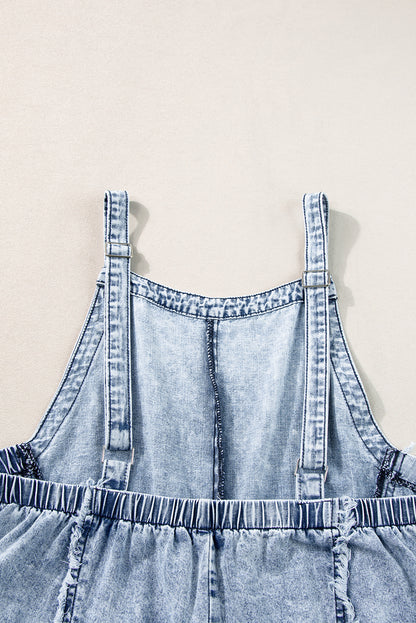 Beau blue light wash ausgefranste exponierte naht weites bein denim overall
