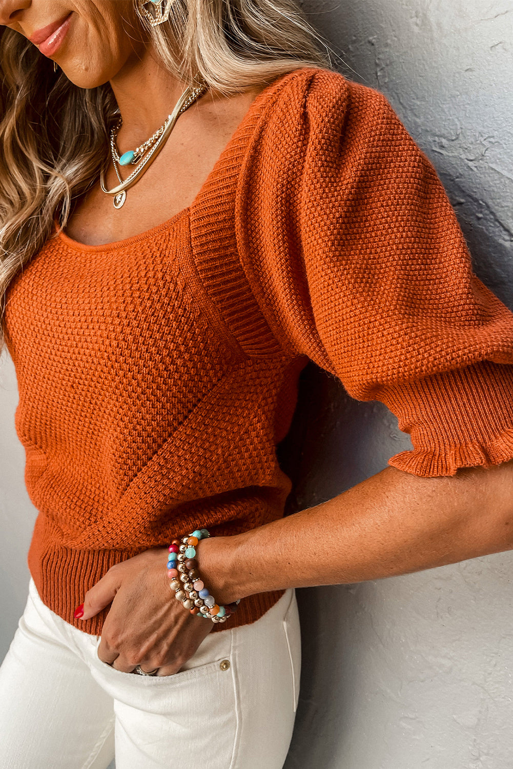 Gold flame textured knit bubble sleeve square neck top