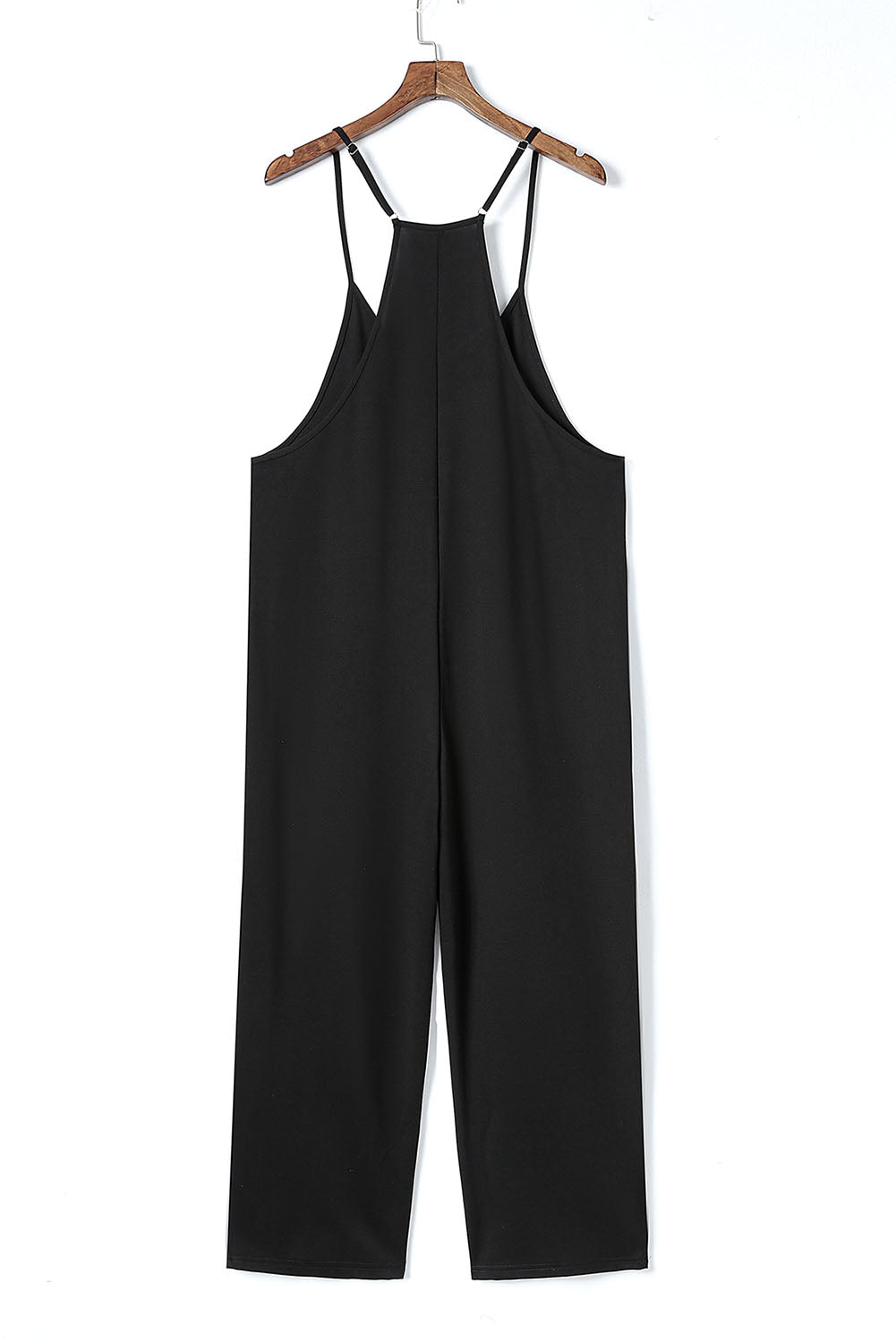 Schwarzer pocketed adjustable spaghetti strap straight leg jumpsuit