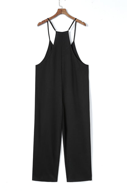 Schwarzer pocketed adjustable spaghetti strap straight leg jumpsuit